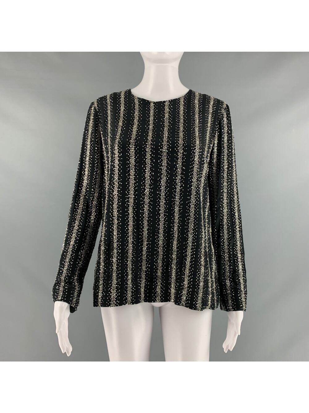 DRIES VAN NOTEN Size 10 Black Silver Silk Sequined Crew-Neck Dress Top